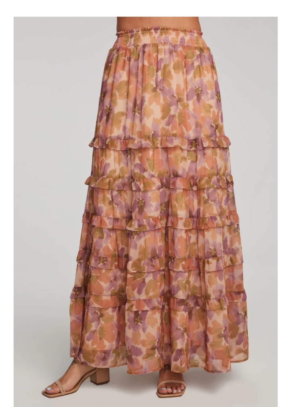 Saltwater Luxe Bennet Floral Tiered Maxi Skirt Watercolor Petals XS Flowy Fall